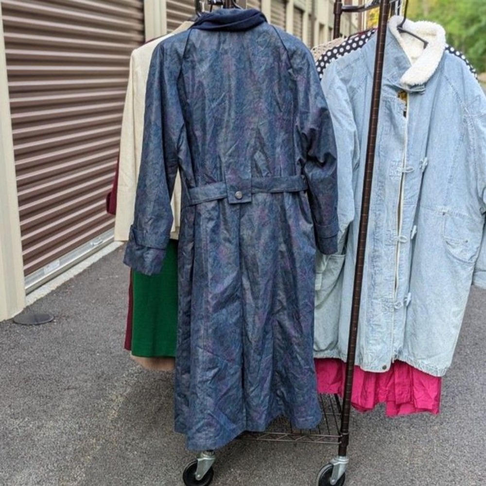 Vintage Dark Academia Quiet Luxury London Fog Blue/Purple Floral Trench Coat 12P - Picture 5 of 11